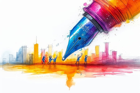 Children playing with a giant pen in a colorful cityの素材