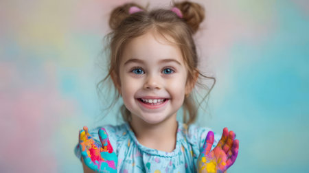 Adorable toddler girl with painted handsの素材