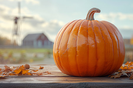 A large pumpkin sits on a wooden table with a blurred background of a windmill and barn in the distance.の素材