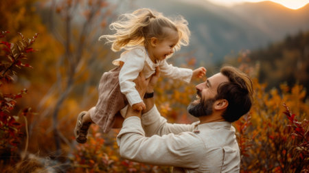 Father and daughter playing in the autumn forestの素材