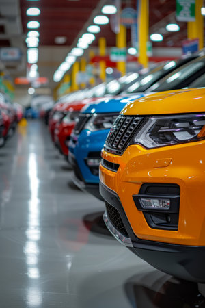 A row of new cars inside a dealershipの素材