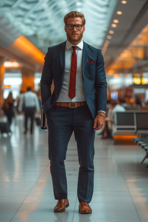A man in a suit is walking in an airportの素材