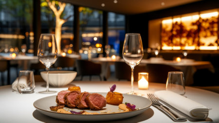 A delectable fine dining experience awaits you at this posh restaurant with a warm ambiance.の素材