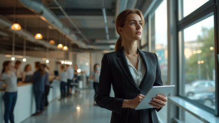 Businesswoman in suit holding tablet looking out office window deep in thoughtの素材