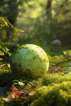 Green alien planet covered with moss sits in a lush green forestの素材
