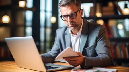 Businessman working on laptop and reading documentsの素材