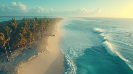 Beach with palm trees and turquoise ocean waterの素材