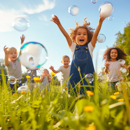 carefree children playing with bubbles in a fieldの素材