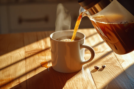 Coffee being poured into a white ceramic mug on a wooden tableの素材