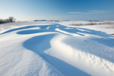 Stunning winter landscape with snow-covered hills and blue skyの素材