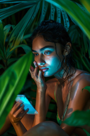 Alluring Young Woman Wearing Swimsuit in Tropical Foliageの素材