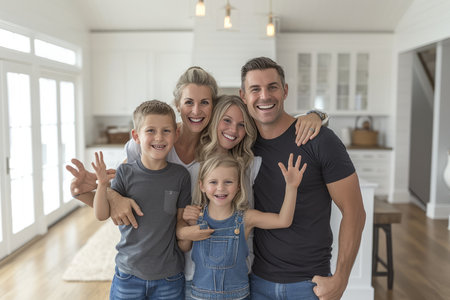 Happy family of five posing in their kitchenの素材