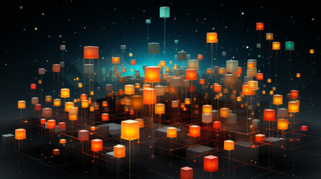 A 3D rendering of a city made of glowing cubes.の素材