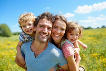 Happy family of four enjoying the sunshine in a field of flowersの素材