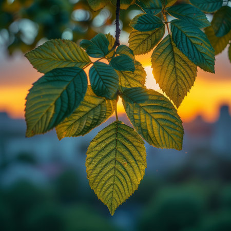 Green leaves of a tree with the sun shining through themの素材