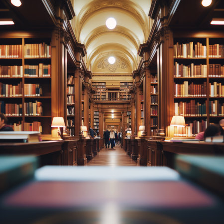 People walking in a library with bookshelves on both sidesの素材