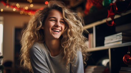 Portrait of a smiling young woman with long blond hairの素材
