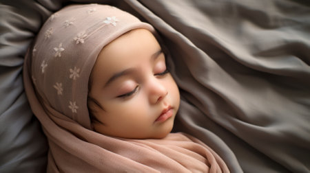 An adorable baby girl sleeping soundly wrapped in a soft blanketの素材