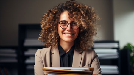 portrait of a young professional woman with curly hair smiling at the cameraの素材