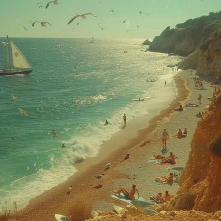 People relaxing on the beach with sailboats in the water and birds flying overheadの素材