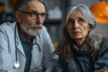 Elderly woman talking to a doctorの素材