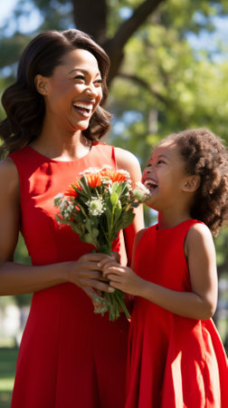 A mother and her daughter are laughing while holding a bouquet of flowers.の素材