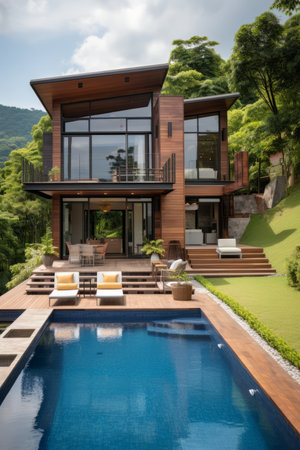 Modern luxury house with pool and amazing viewの素材