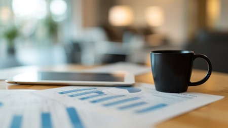Black coffee cup and tablet on desk with financial chartsの素材