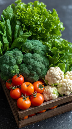 Fresh organic vegetables in wooden crateの素材