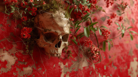A skull covered with red flowers and vines on a red backgroundの素材