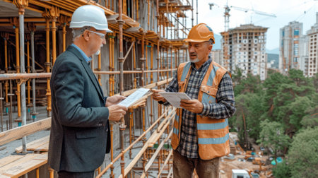 Two construction workers in hard hats discuss plans while standing at a construction siteの素材