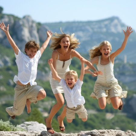 Happy family jumping on the rockの素材