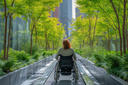 A person in a wheelchair is on a green elevated walkway surrounded by trees and buildings.の素材