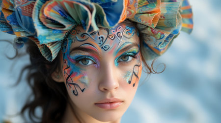 A young woman with colorful face paint and a headdress made of musical notes.の素材