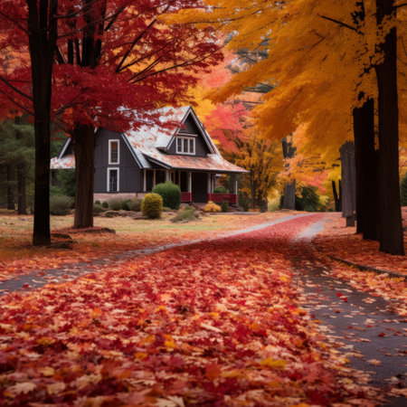 Charming Fall Scenery of a House Surrounded by Colorful Autumn Treesの素材