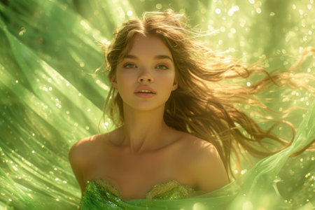 Portrait of a beautiful blonde woman in a green dressの素材