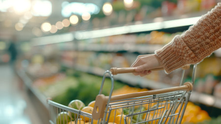 A woman pushing a shopping cart full of groceries in a supermarketの素材
