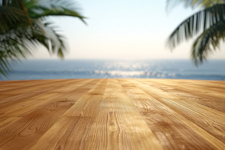 An empty wooden table with palm trees in the backgroundの素材