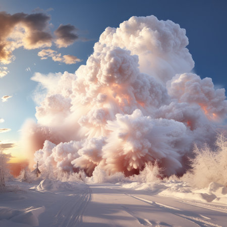 A large white cloud of smoke and ash billows into the skyの素材