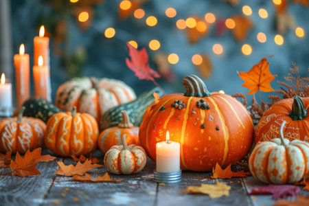A beautiful still life of pumpkins and gourds with candles in the backgroundの素材