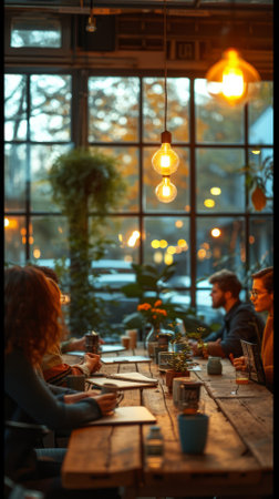 Blurred background image of a group of people sitting around a wooden table in a cafeの素材