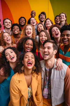 A group of diverse people laughing together in front of a colorful backgroundの素材
