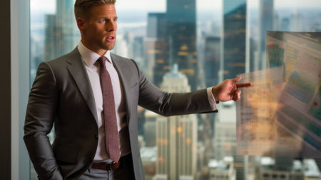 Businessman in suit coat pointing at a futuristic screen with a cityscape in the backgroundの素材