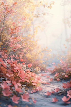 Pink flowers and leaves in a foggy forestの素材