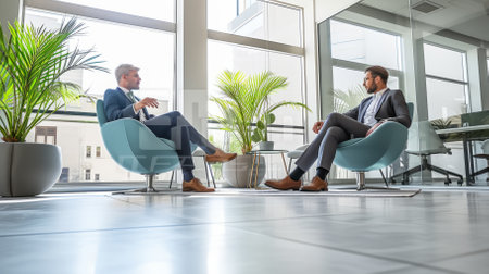 Two businessmen having a conversation in a modern officeの素材