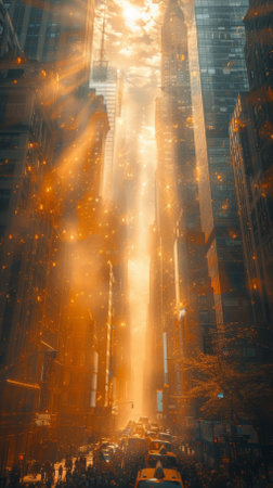 People crossing a busy street in a big city with skyscrapersの素材