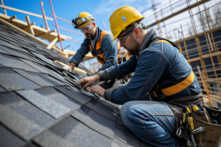 Two construction workers installing shingles on a roofの素材