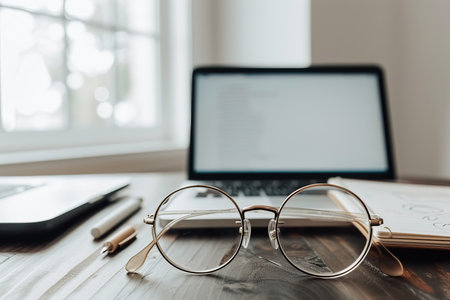 Glasses on a desk with a laptop and a notebook in the backgroundの素材