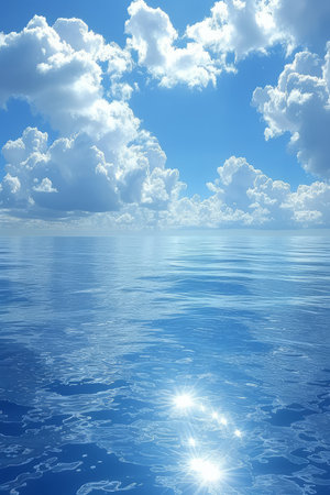 Blue sky and ocean with fluffy cloudsの素材