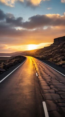 Sunset over an empty asphalt roadの素材